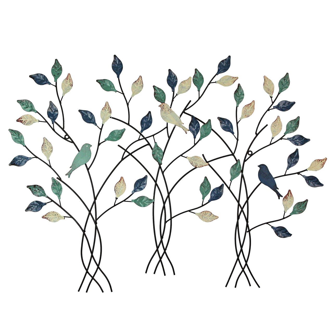 32 Inch Tri Color Metal Triple Tree Bird Wall Art Hanging Sculpture Home Decor